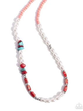 paparazzi Coral, Turquoise & Pearl Beaded Strand Necklace